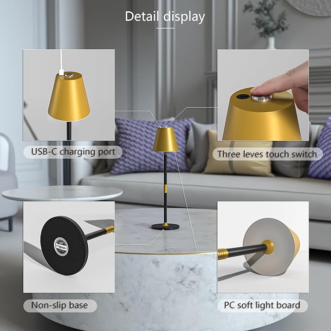 LED CordlessTable Lamp,4000mAh Rechargeable Battery Desk lamp,3 Level Brightness Beside Night Light, Minimalist Design, for Couple Dinner/Coffee Table/Restaurant/Bedroom(Gold&Black 4PACK)