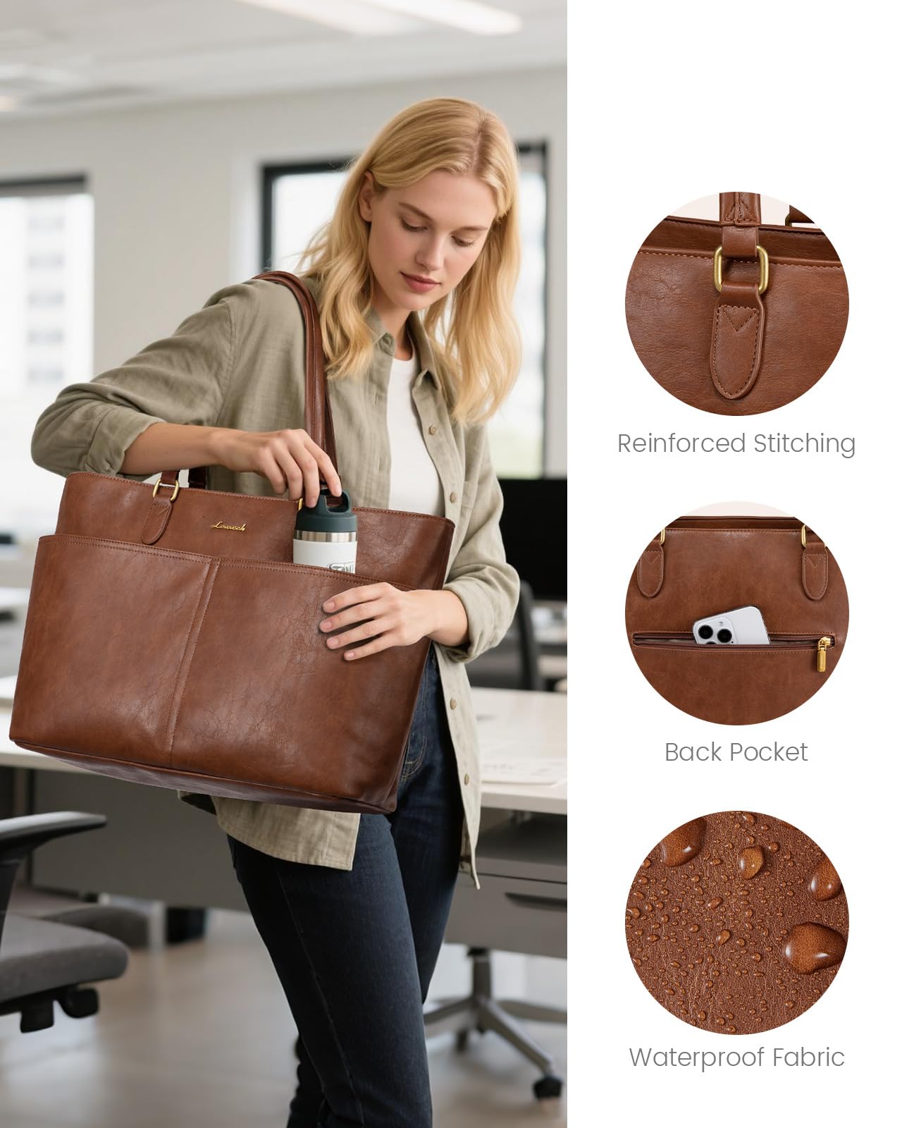 LOVEVOOK Work Tote Bag for Women, Vintage Leather 17.3 Inch Laptop Bags with Large Cup Holder, Teacher Nurse Medical Professional Computer Bag, Office Briefcase Handbag Gift