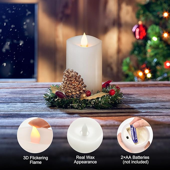 1PCS, 3 x 5 inches Flameless Candle with Remote Control, Real Wax Pillar LED Candles, Battery Candles,with Timer, 3D Flickering Wick,for Holiday Home Decor,White