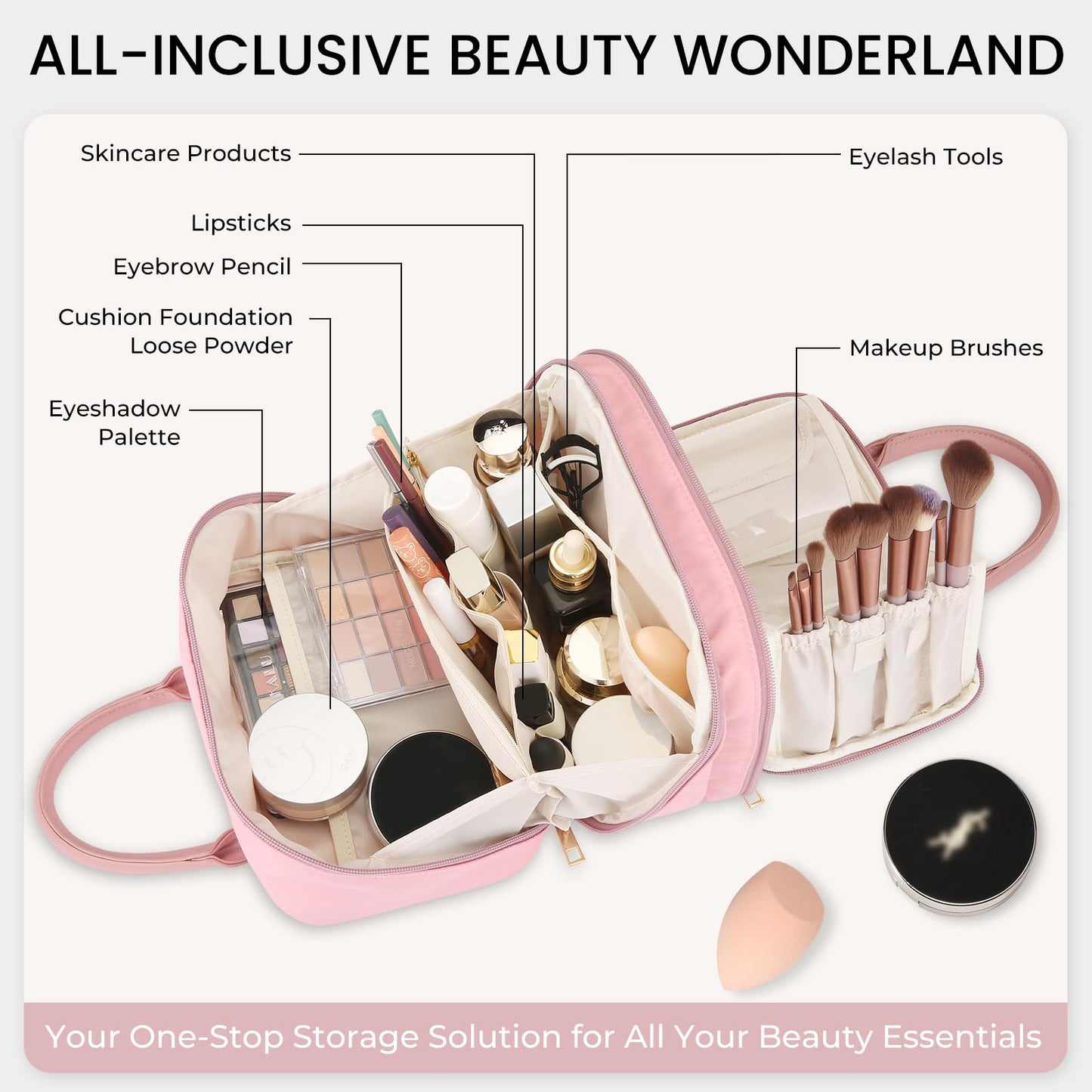 Travel Makeup Bag for Women Fashion Large Capacity Pouch Open Flat Cosmetic Portable Organizer Waterproof Large Opening Storage Toiletry Bags Vertical Free-Standing Brush Holder for Easy Access Pink