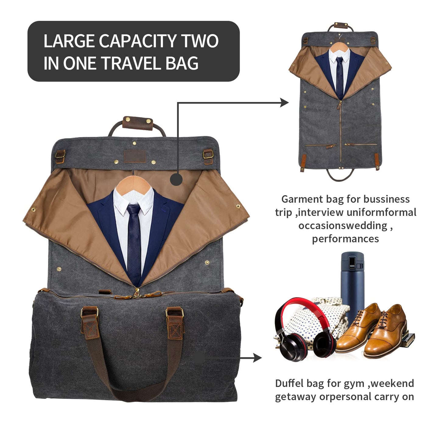 2 in 1 Suit Garment Duffle Convertible Carry-on Bag With Canvas Leather Shoulder Strap for Travel, Business Trips, Storage - Hangding Suit, Clothes, Dresses, Shoes (Black)