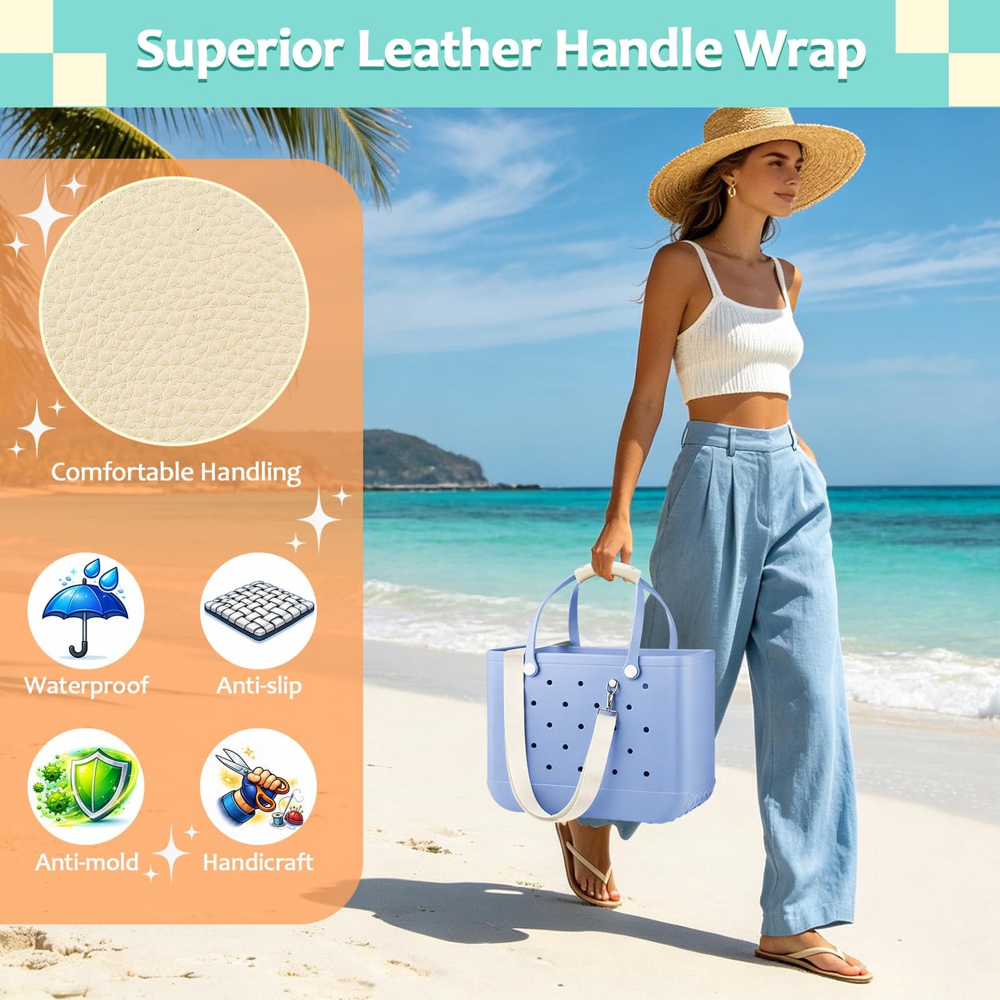 Crossbody Strap for Bogg Bag, Adjustable Shoulder Strap with Sturdy Metal Connectors, Non-Slip Leather Handle Wrap for XL Medium Bog Bag Compatible with Simply Southern& Simple Modern Beach Tote Bag
