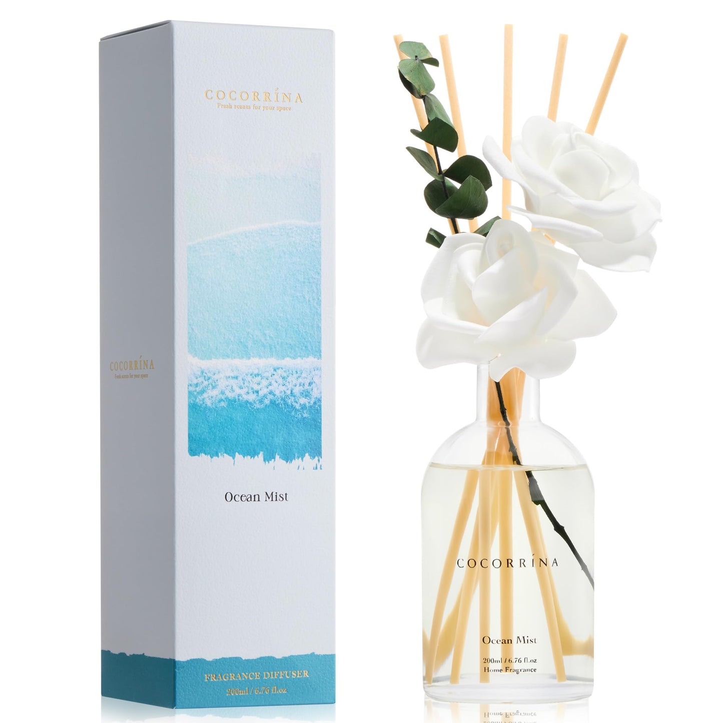COCORRÍNA Reed Diffuser - Ocean Mist Scent, 6.76 fl oz Essential Oil with 8 Reed Sticks - Home Fragrance for Bedroom Bathroom Shelf Décor