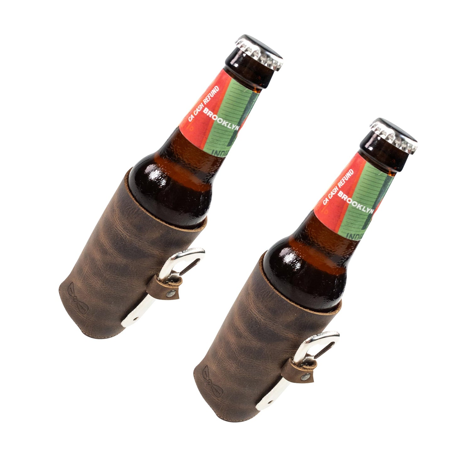 Hide & Groom, Set of 2 Bottle Sleeves with Bottle Opener Slot for Weddings, Best Man Accessories, Rustic Covers for Standard Bottles, Collapsible, Full Grain Leather, Handmade, Bourbon Brown
