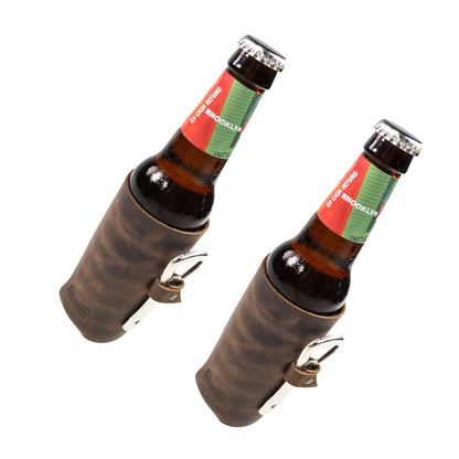 Hide & Groom, Set of 2 Bottle Sleeves with Bottle Opener Slot for Weddings, Best Man Accessories, Rustic Covers for Standard Bottles, Collapsible, Full Grain Leather, Handmade, Bourbon Brown