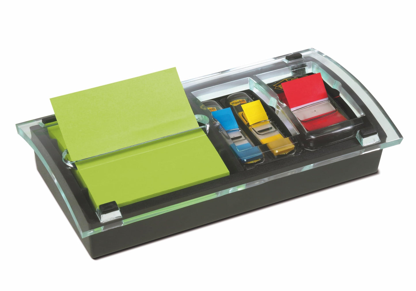 Post-it Note and Flag Dispenser, Sticky Note Holder, Black Base with Clear Top, Includes 1 Sticky Note Pad and 2 Pads of Flags, Classroom or Office Supplies