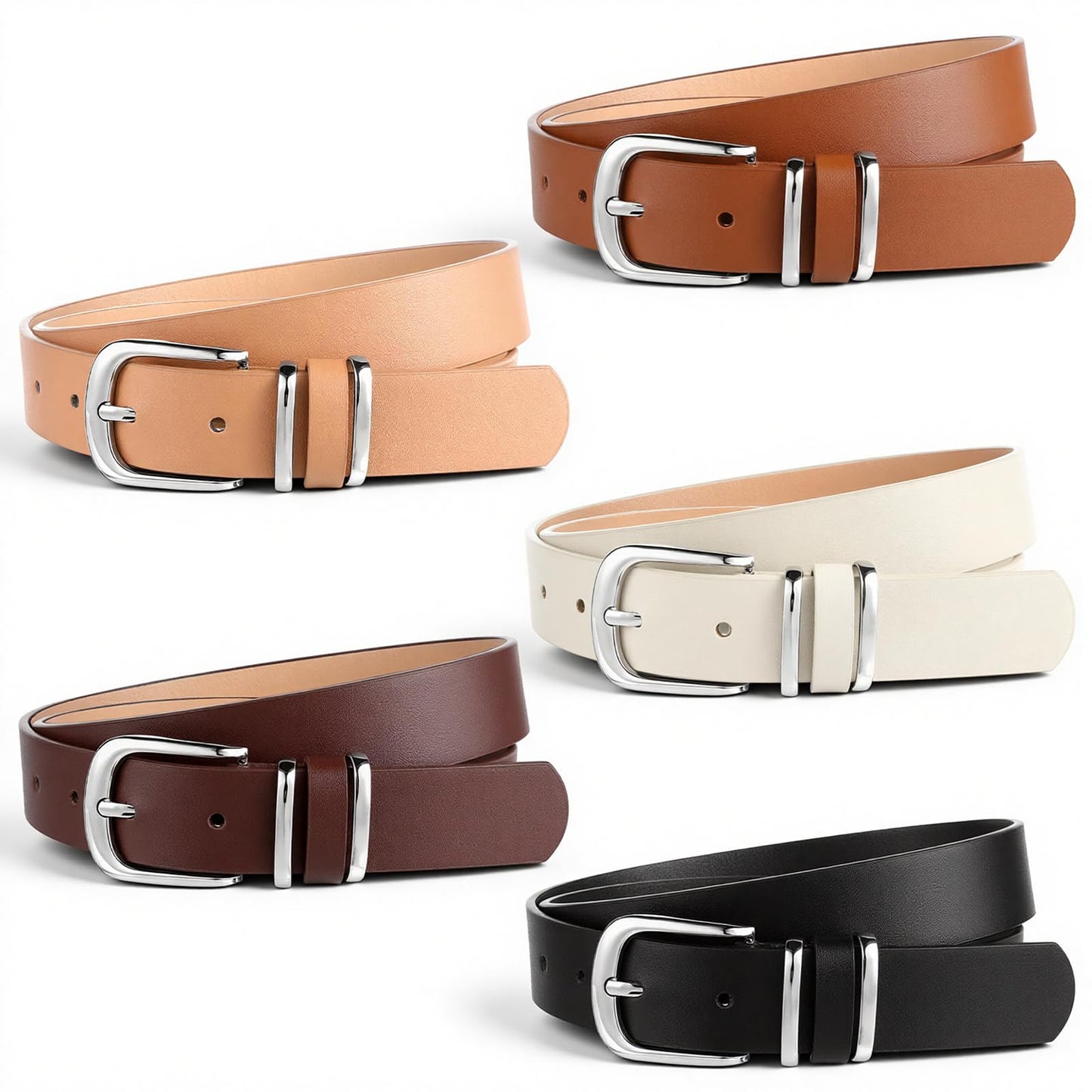 IMengjbang 5Pcs Womens Leather Belt Silver Buckle Fits Waist 25-35 Inches, Ladies Belts for Jeans with Silver Buckle 10 Adjustable Holes
