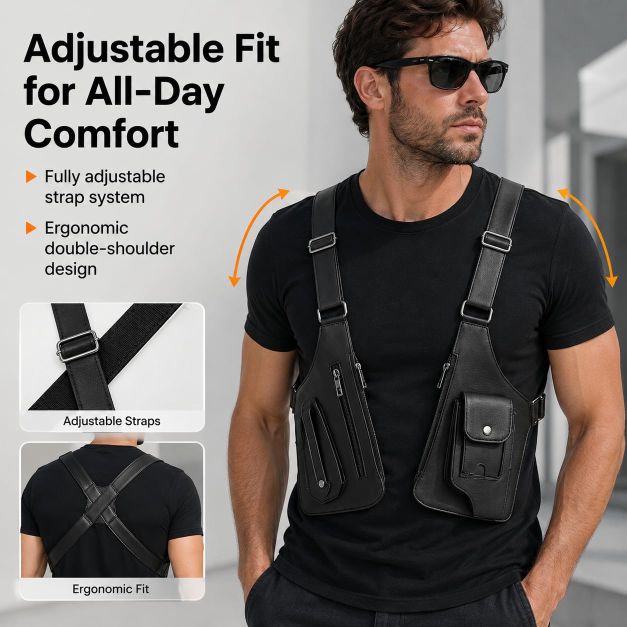 Men’s Underarm Shoulder Holster Bag Anti-Theft Crossbody Sling Bag Concealed Style EDC Pouch Adjustable Straps Multi Pocket (Vegan Leather)