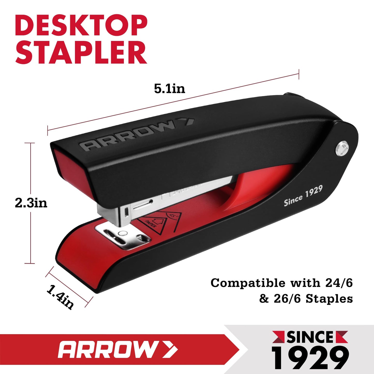 Arrow Office Stapler Set, 25 Sheet Capacity Metal Desk Staplers with 2100 Staples and Staple Remover, Half Strip Design and Non-Slip Base, Spare Staple Storage for Classroom, Office and Home, 2 Pack