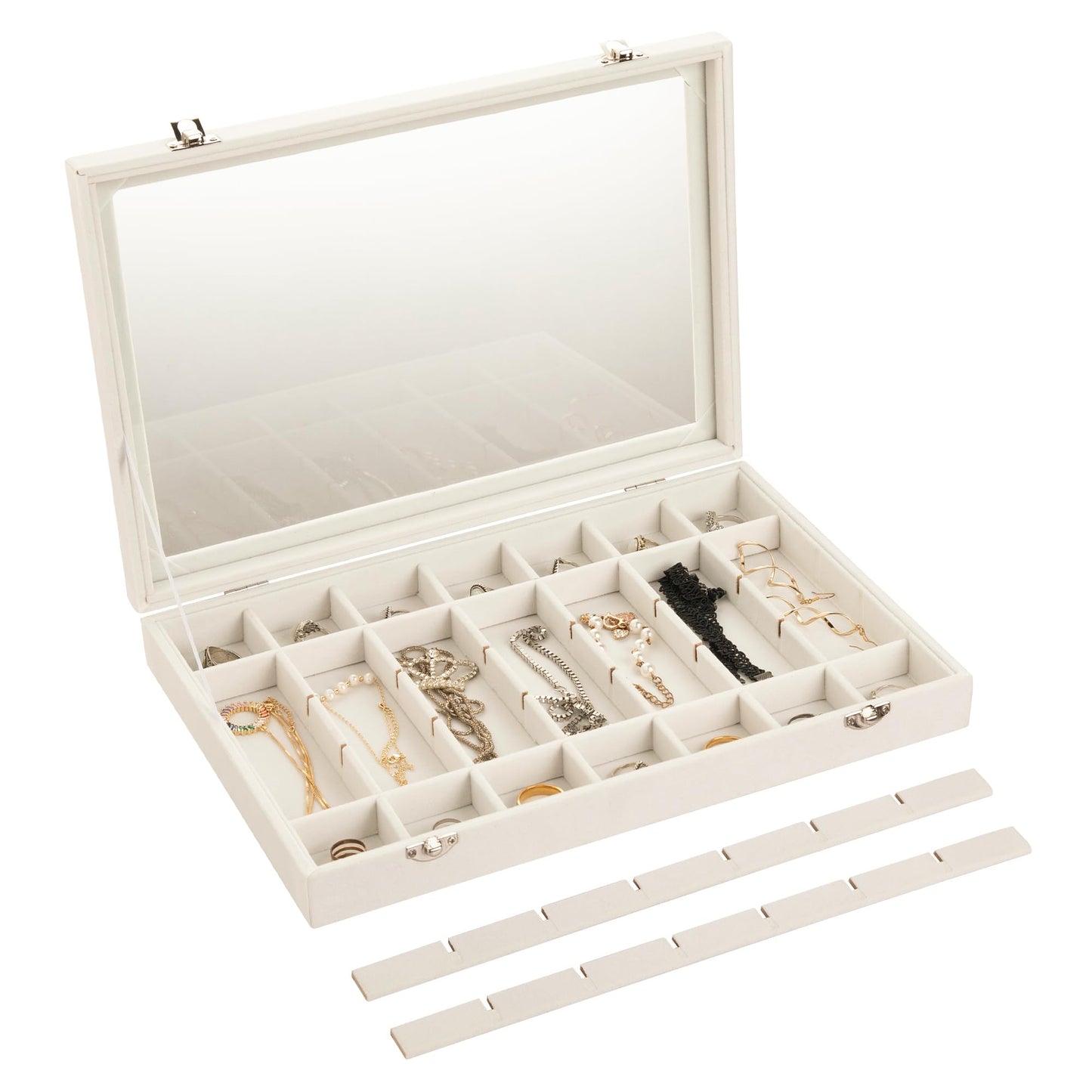 Frebeauty Velvet Jewelry Tray,35 Grid Jewelry Organizer with Clear Lid,Earring Holder Organizer Case with Clasp,Drawer Insert for Rings Studs,13.8 x 9.5 x 2 Inches,Gift for Women Girls(Beige)