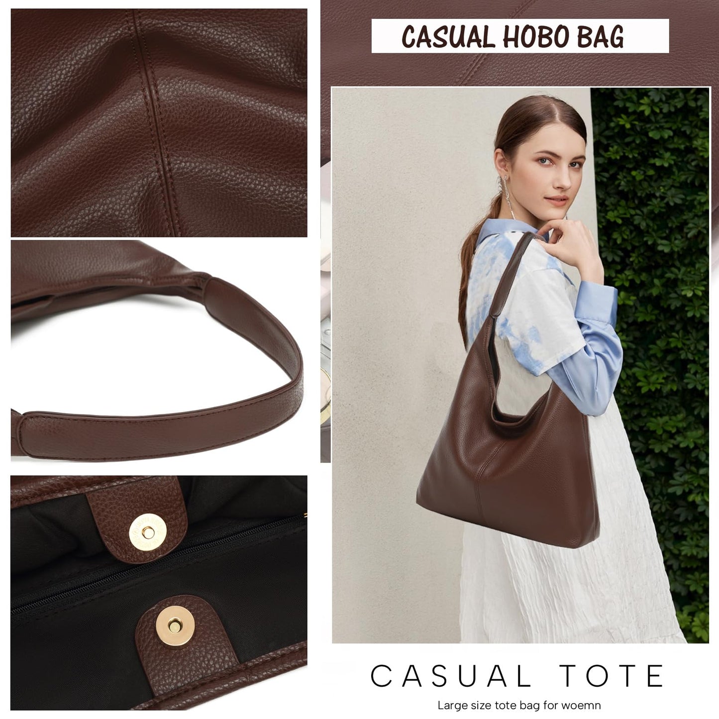 Casual Hobo Bag for Women Soft Shoulder Bags Slouchy Pu Leather Tote Purses for Work Travel