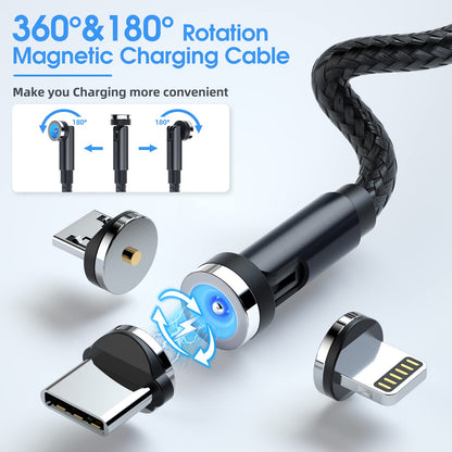 Magnetic Charging Cable, 540° Rotating Magnetic Phone Charger [6-Pack, 3ft/3ft/3ft/6ft/6ft/10ft] 3 in 1 Magnetic Charger Cable Nylon Braided Magnetic USB Cable for iProduct/Micro USB/Type C Device