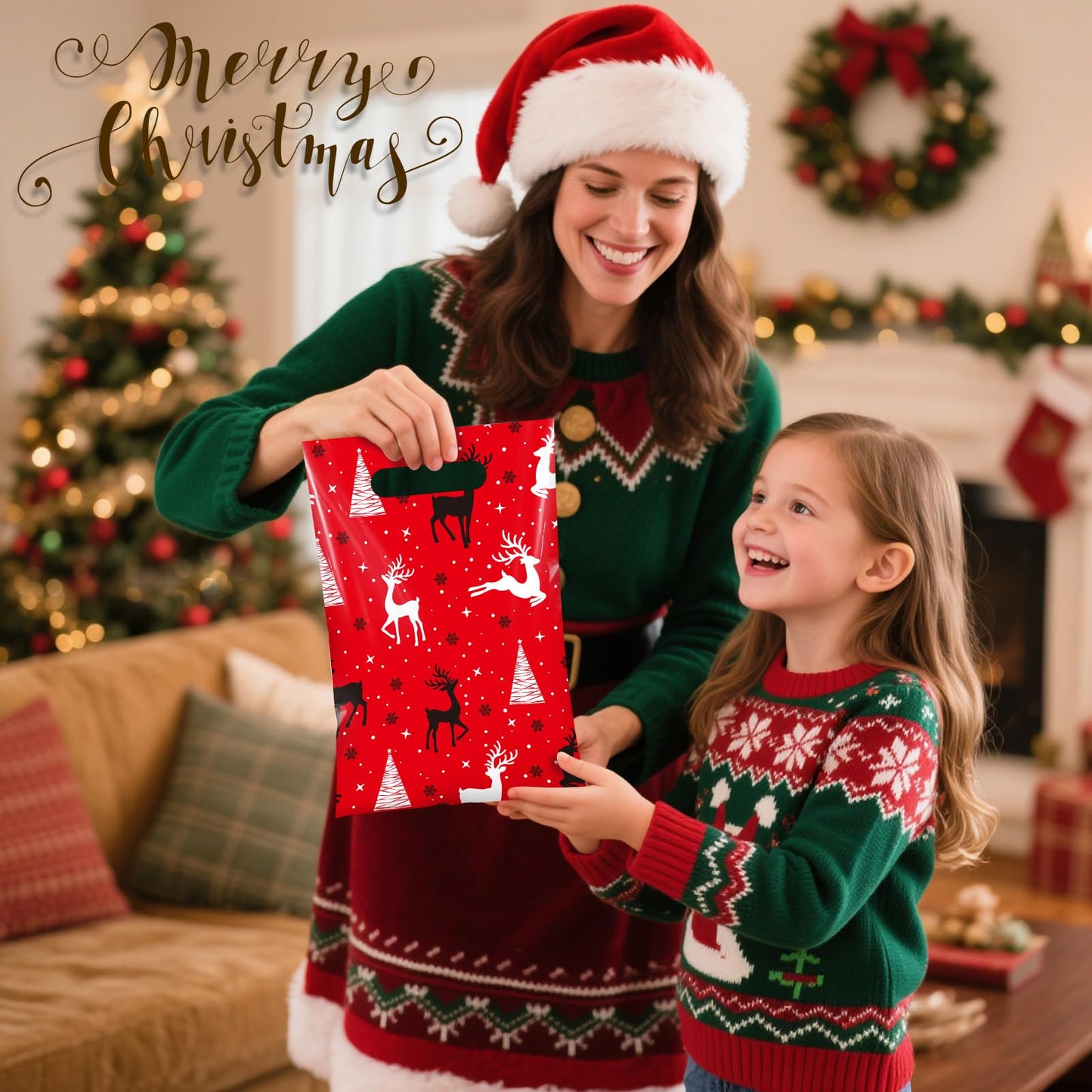 Teenyyou 60 Pcs Christmas Party Gift Bags Plastic Poinsettias Treat Bags Plaid Snowflakes Bells Reindeer Candy Goodie Handbags for Festive Holiday Winter Theme Favors Supplies