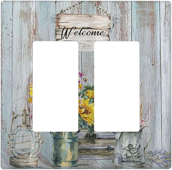 Sunflower Vintage Barn Wooden Double Rocker Light Switch Cover Sun floral 2 Gang Outlet Wall Plate Decorative GFCI Switchplate Electrical Faceplate Farmhouse Home Livingroom Decor