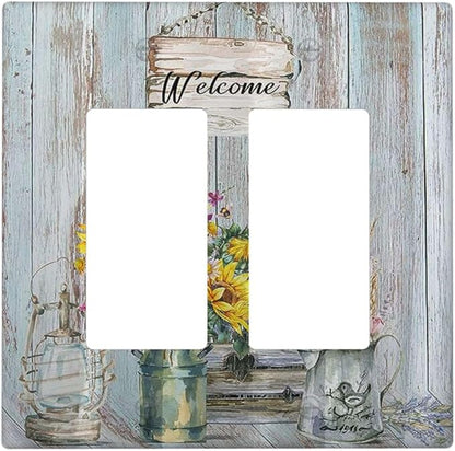 Sunflower Vintage Barn Wooden Double Rocker Light Switch Cover Sun floral 2 Gang Outlet Wall Plate Decorative GFCI Switchplate Electrical Faceplate Farmhouse Home Livingroom Decor