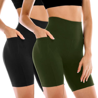 Leafigure 2 Pack Womens Biker Shorts with Pockets, High Waisted Tummy Control Yoga Shorts for Women Running Gym and Workout Black/Green L-XL