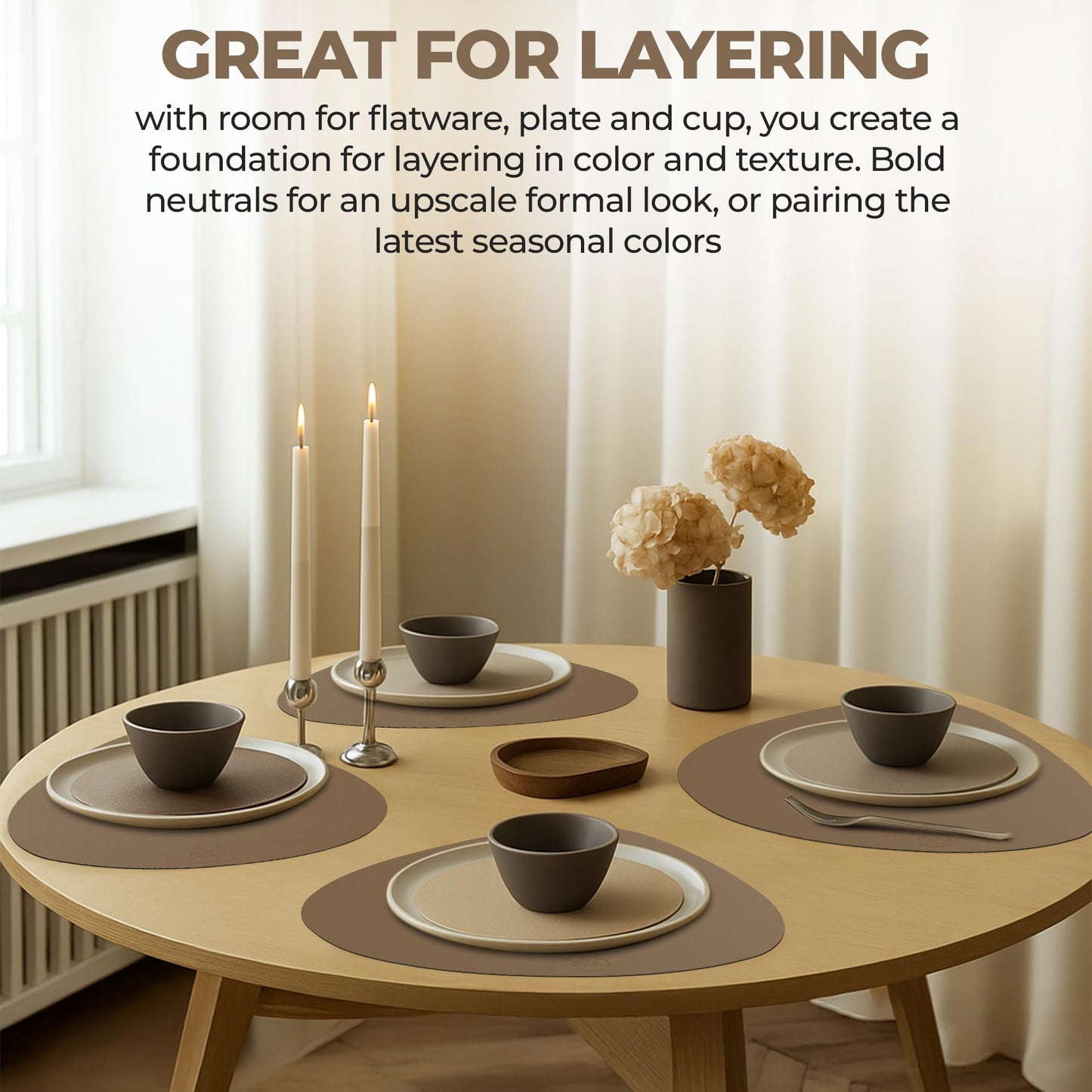 CaSail Faux Leather Placemats and Coasters - Set of 4 Round Modern Havana Table Mats for Dining - Heat Resistant, Waterproof & Non Slip Place mat for Indoor & Outdoor - Wipeable for Easy Care
