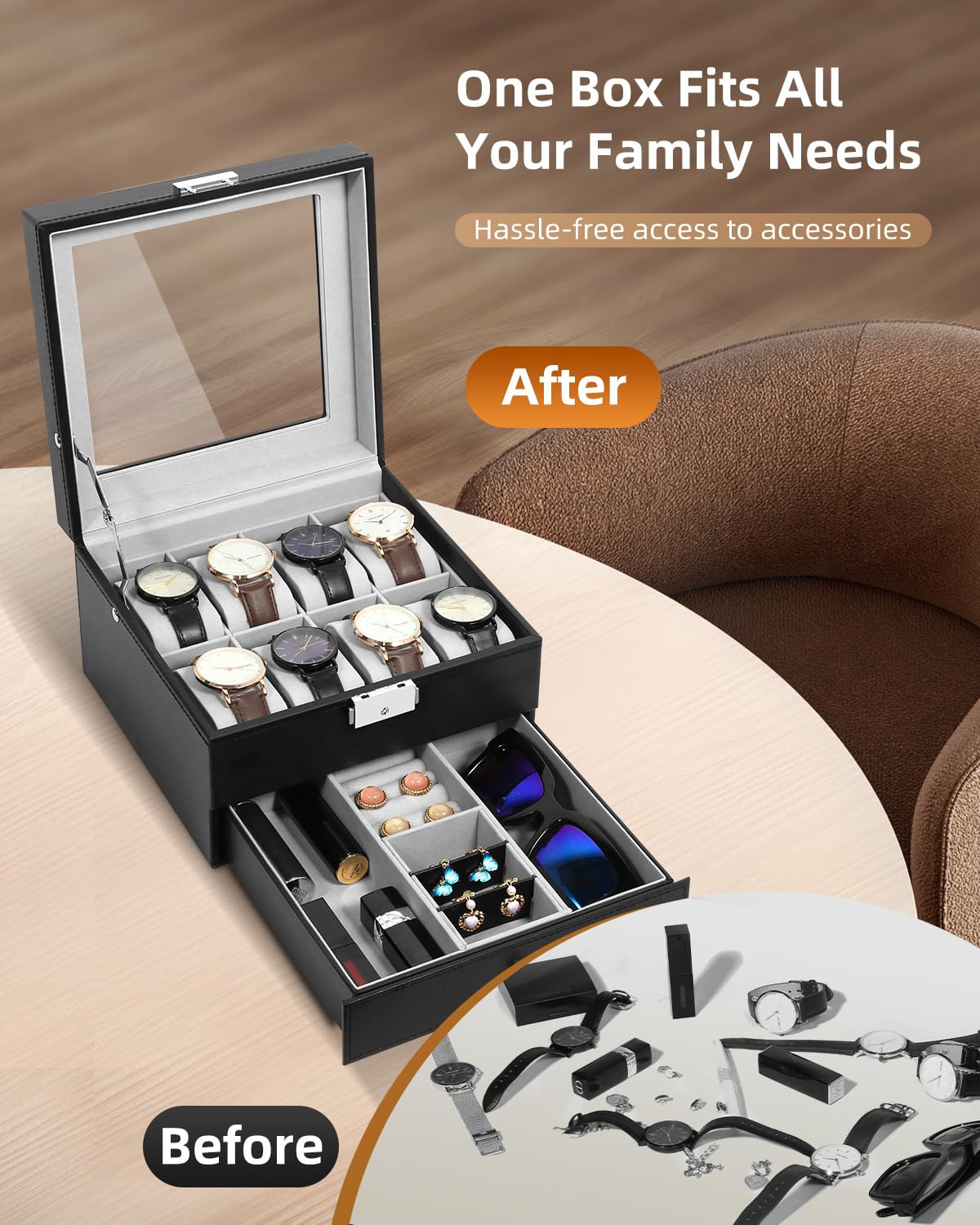 Uten 8-Slot Watch Box, 2-Layers PU Leather Watch Case with Glass Lid, Watch Holder Organizer with Soft Pillow and Velvet Lining, Watch and Jewelry Storage Box