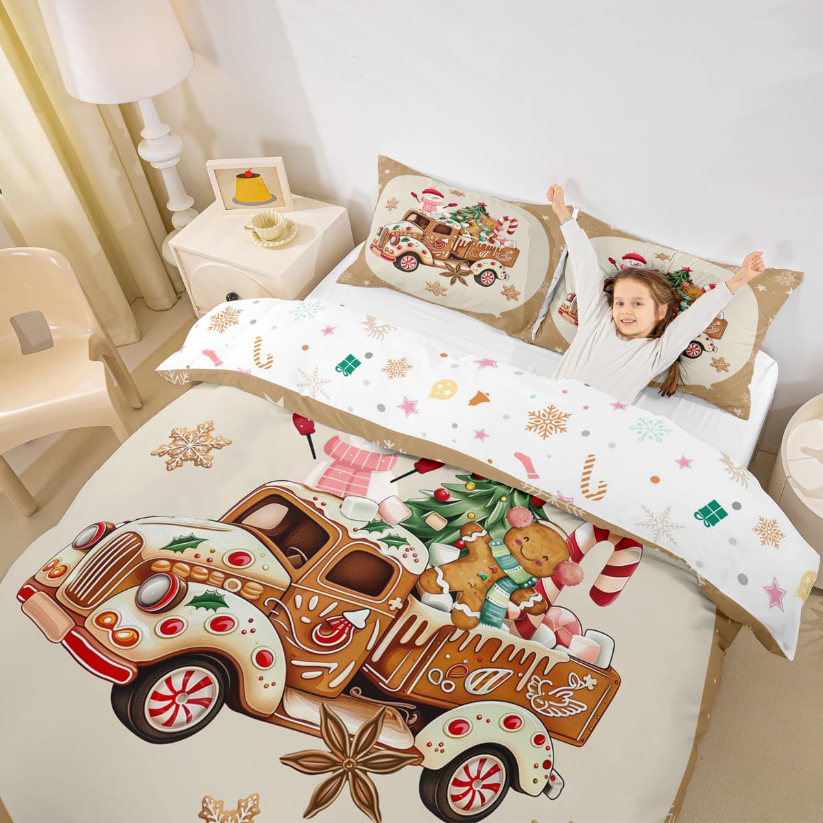 Manfei Gingerbread Truck Duvet Cover Set Queen,Xmas Snowman and Gingerbread Man Bedding Set 2 Pcs for Boys Girls,Cartoon Candy Cream Comforter Cover,Brown Christmas Theme Quilt Cover,Not Comforter