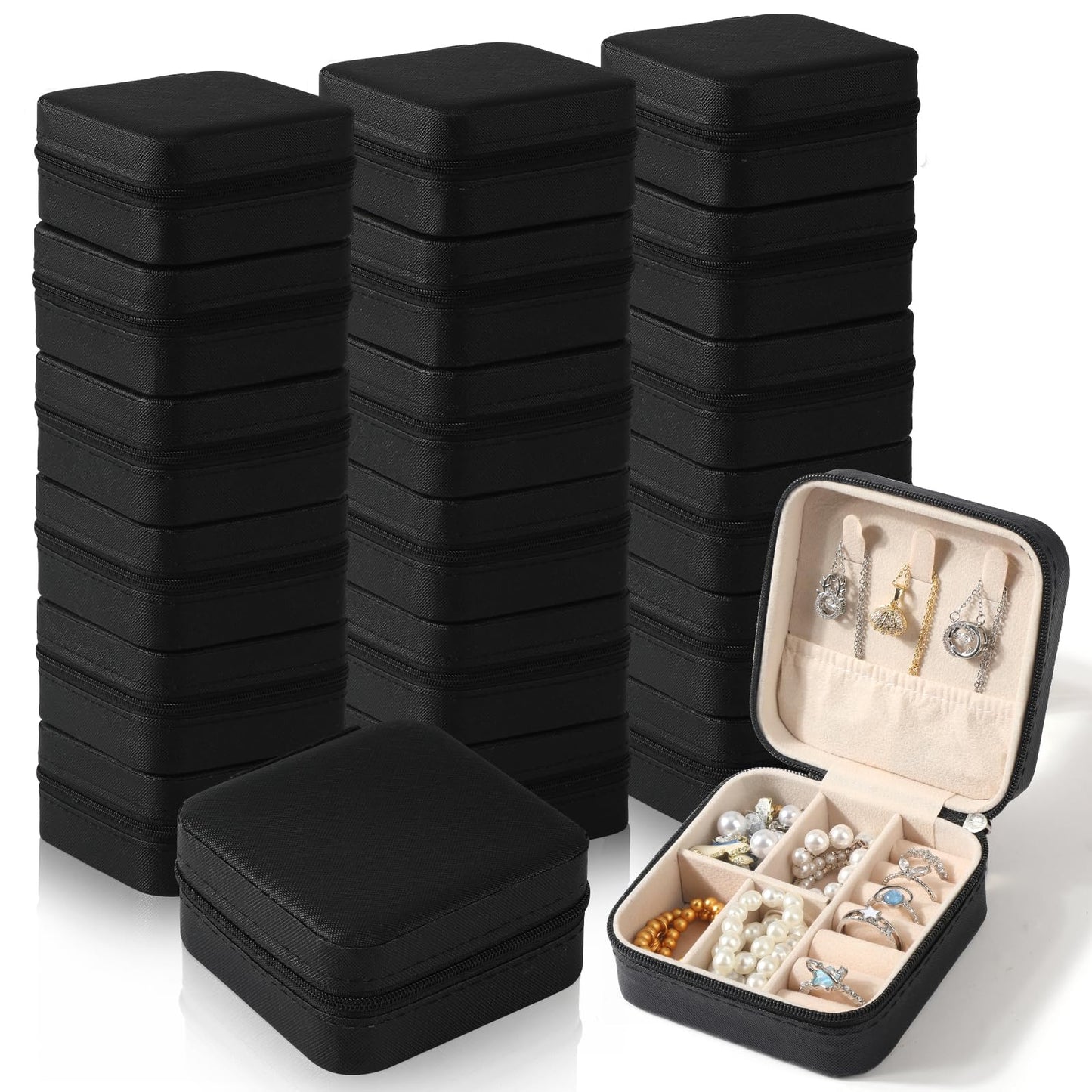 VZZNN 18 Pack Travel Jewelry Case, Small Travel Jewelry Organizer Box with Mirror, PU Leather Mini Jewelry Storage Holder for Rings Earrings Necklaces, Bridesmaid Gifts for Women Girls – Black