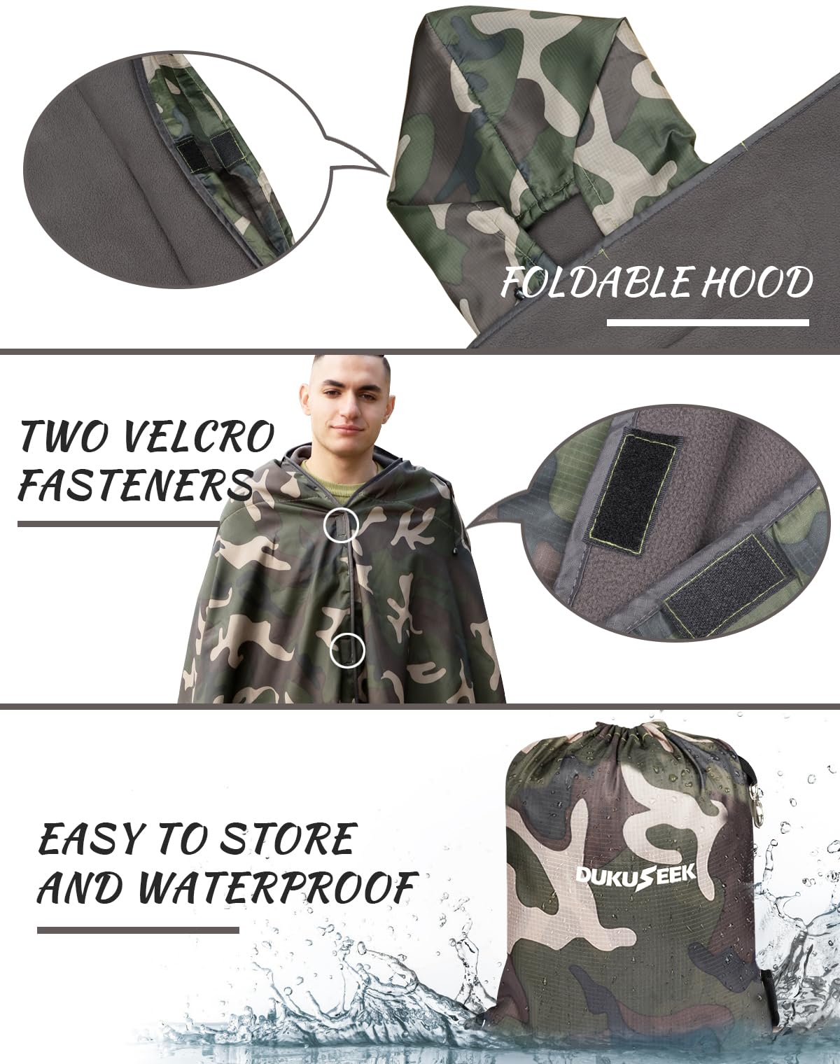 DUKUSEEK Hooded Stadium Blanket, Camouflage Waterproof Windproof Outdoor Fleece Blanket - Large (79x56), Portable, Wearable, Warm for Outdoor Hunting, Sporting Events…