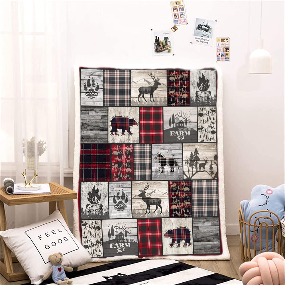 Belperan Wolf Bear and Deer Throw Blanket Rustic Cabin Decor Woodland Blanket Plaid Christmas Blanket Gifts for Women Southwestern Farmhouse Decor for Couch Bed Livingroom