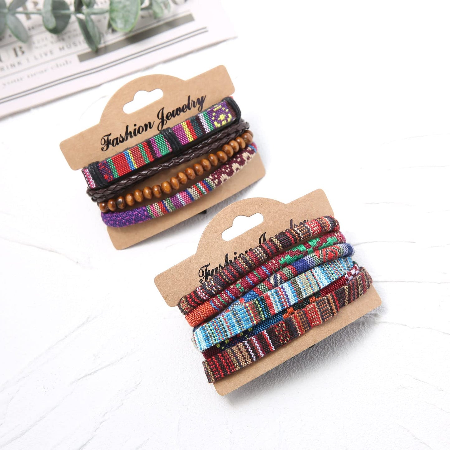 HZMAN 2Pcs Handmade Braided Leather Bracelet for Men Women Bohemian Ethnic Tribal Multilayer Hemp Rope Wristbands Wrap Cuff Bracelet