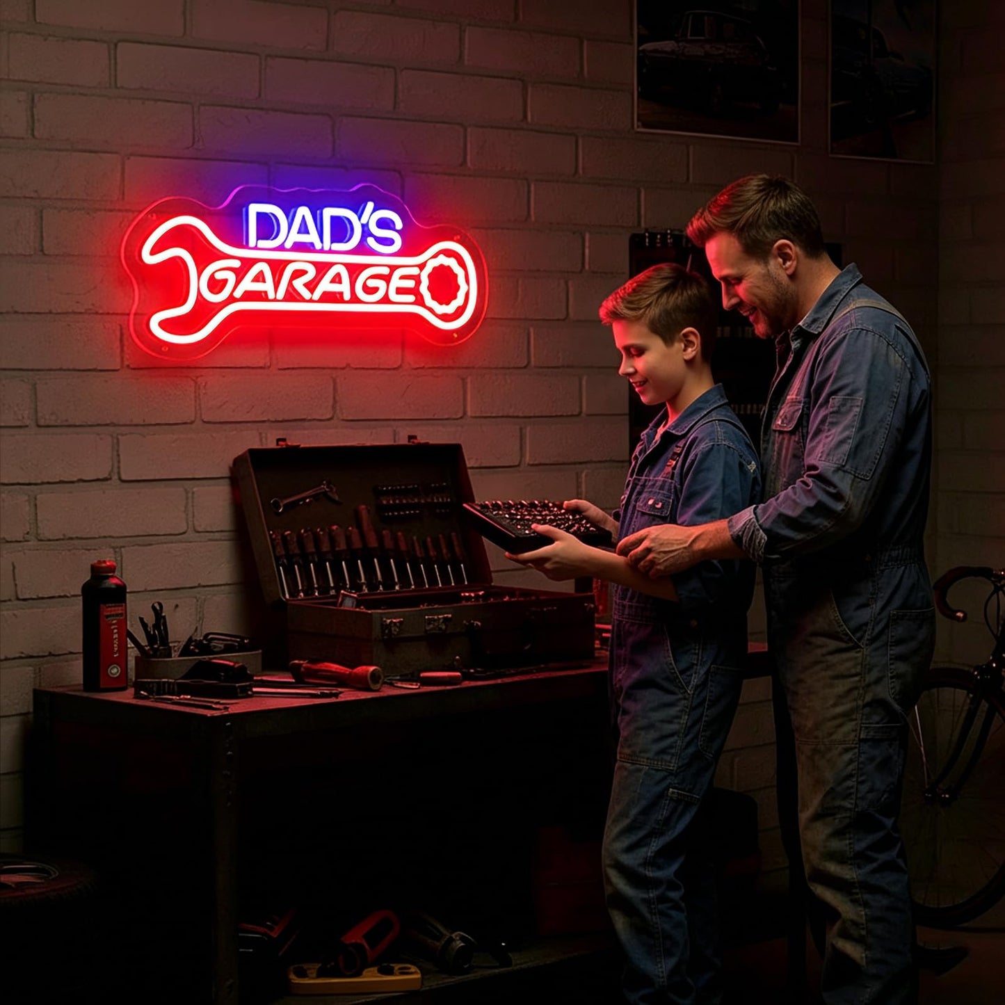 Dad’s Garage Neon Sign, LED Garages Wall Decor for Man Cave Workshop, Gifts for Husband Dad Father Men, Red Blue
