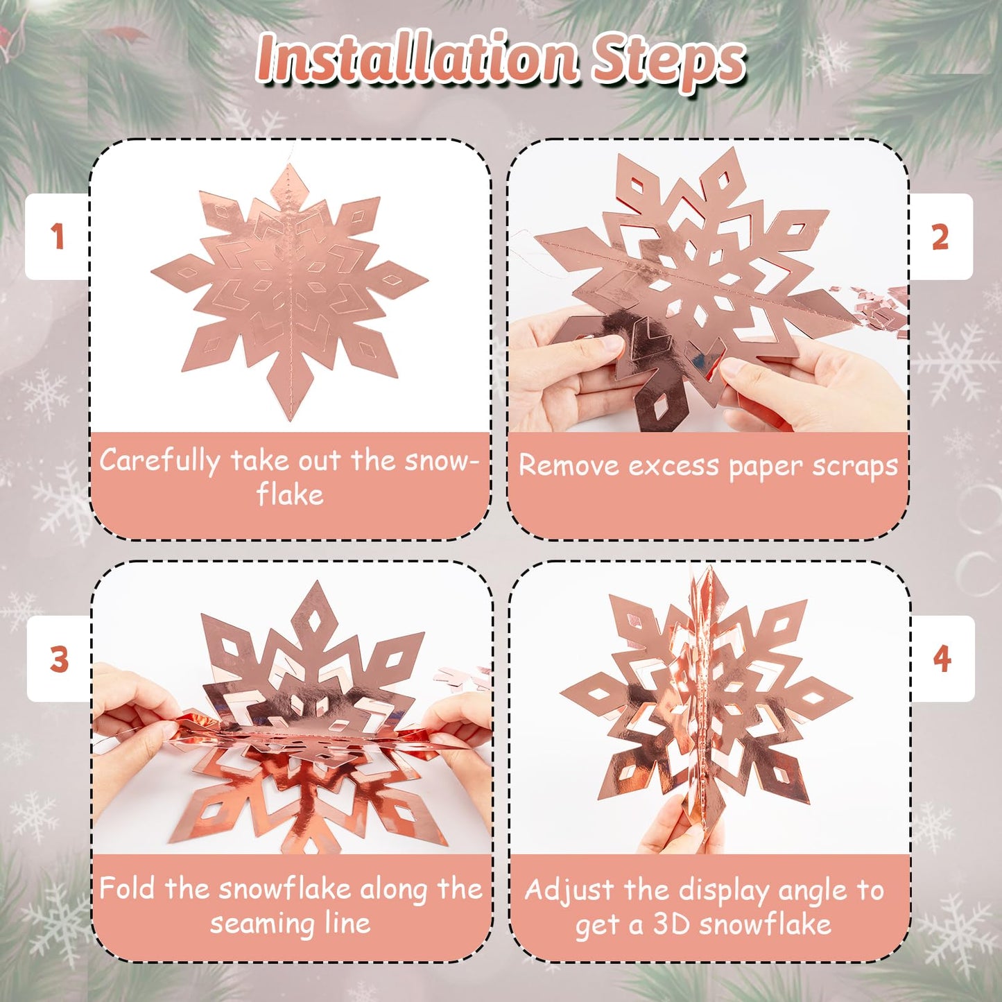 OuMuaMua Winter Christmas Snowflake Decorations Indoor, 24PCS 3D Silver Rose Gold Snowflakes Christmas Hanging Ornaments for Home Xmas Christmas Holiday Winter Wonderland New Year Party Decor Supplies