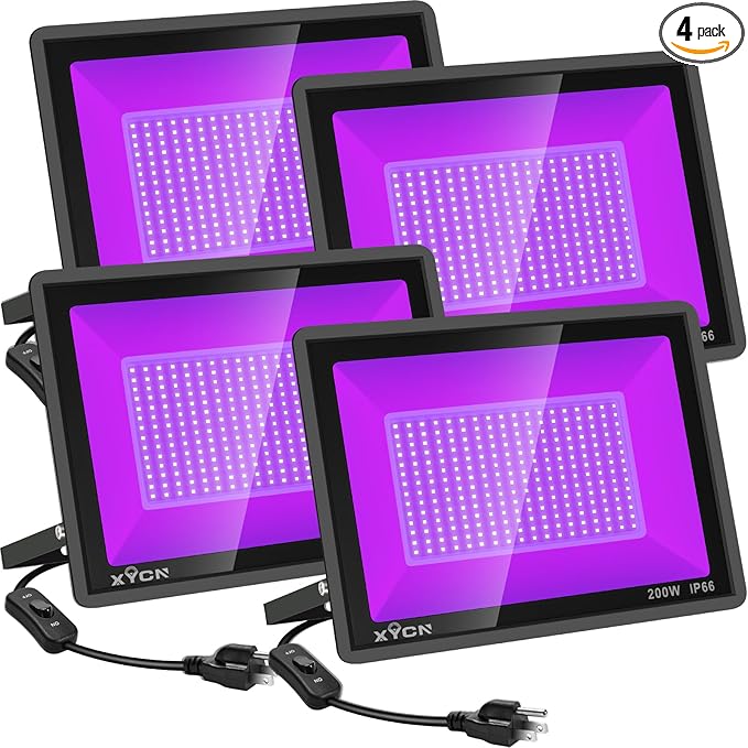 4 Pack 200W LED Flood Black Lights,395nm to 405nm UV Outdoor Flood High Power Blacklight Light with Plug in, IP66 Waterproof Large Black Light Spotlight for Glow Party Large Space, Halloween