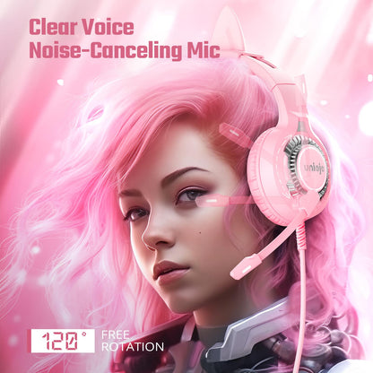 UNIOJO Pink Gaming Headset Noise-Canceling Mic, Wired Over-Cat Ear Headphones, Surround Sound, LED Breathing Light, Memory Foam Ear Pads, for Xbox Series, PS5, PS4, Switch, PC, Mobile