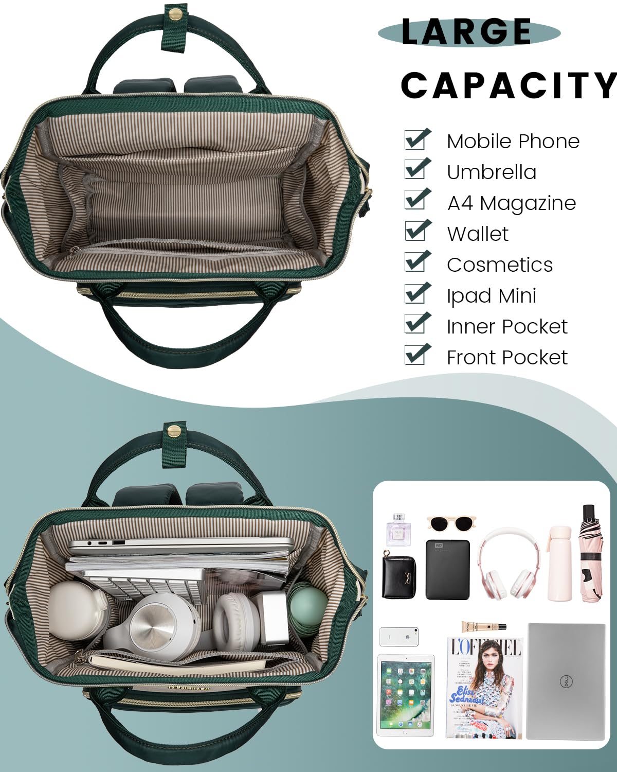 LOVEVOOK Mini Backpack for Women, Cute Small Backpacks Purse, Fashion Bag for Work Travel Gift, College Bookbag for School, 14 inch Lightweight Daypack, Green-Black
