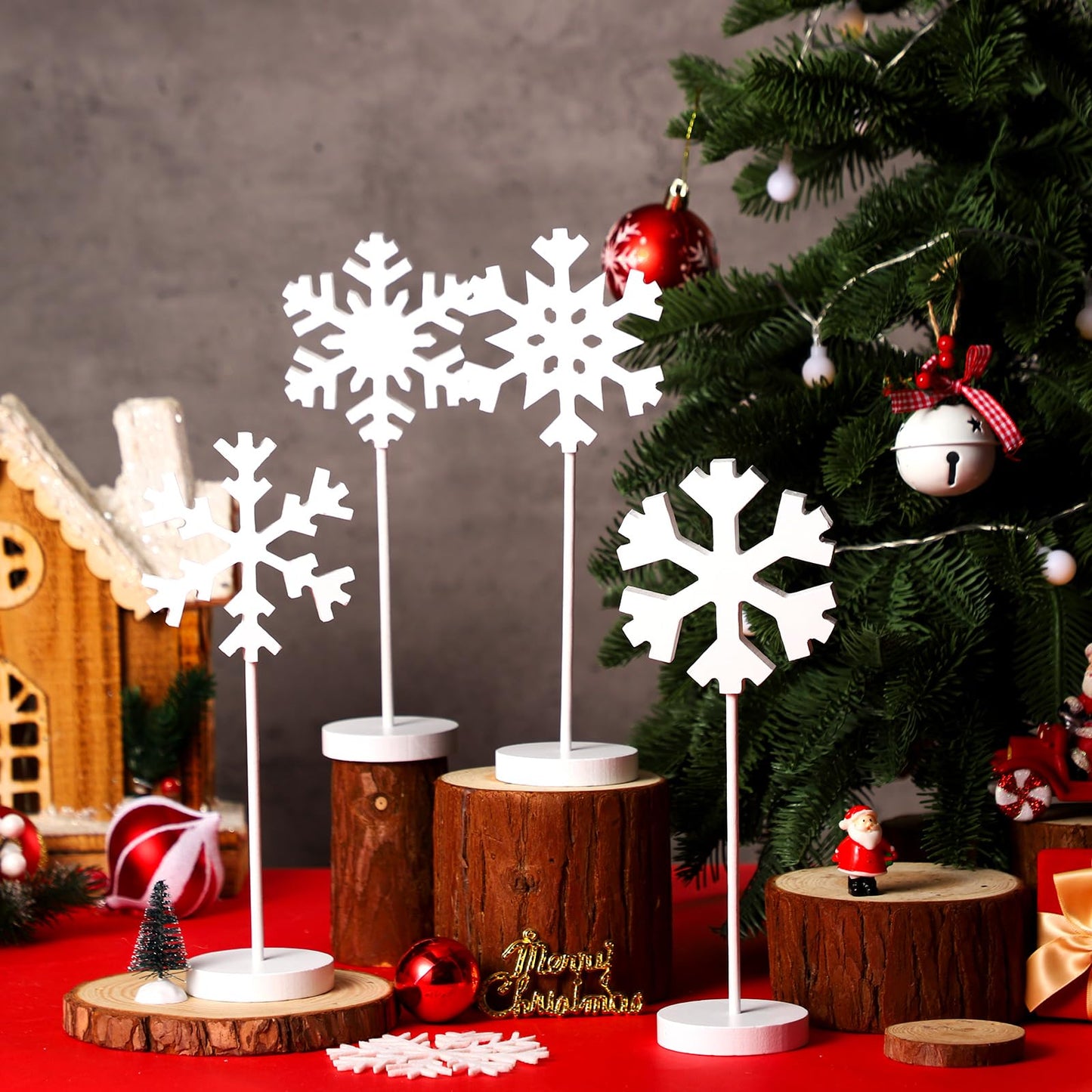 Geetery 6 Pcs Wooden Snowflake Table Decor Christmas Winter Decorations Snowflakes Table Centerpiece Standing Tabletop Sign Rustic Fireplace Home Decor for Winter Party Decoration(White)