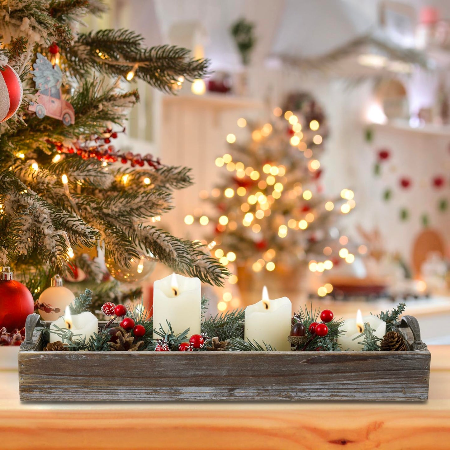 MyGift 16 Inch Rustic Torched Solid Wood Butler Tray with Decorative Antique Metal Handles, Holiday Dining Table Centerpiece, Christmas Dinner Home Decor