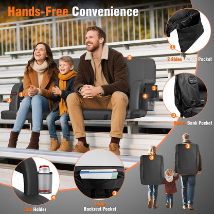 Suteck 2 pcs Dual-Sided Heated Stadium Seats for Bleachers with Back Support, 25" Portable Heated Bleacher Seat with Backrest, 3 Heat Levels, 5 Pockets – Ideal for Outdoor Stadiums and Events - Black