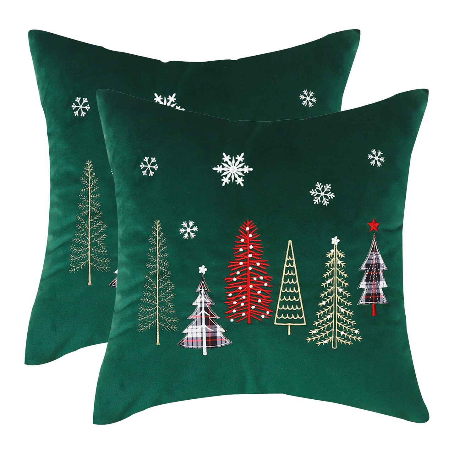 Tosleo Christmas Pillow Covers 18x18 Set of 2 Xmas Trees with Snowflake Embroidery Throw Pillow Covers Christmas Dec Velvet Pillowcases Forest Green Cushion Pillow Cases Soft Square Holiday Pillowcase