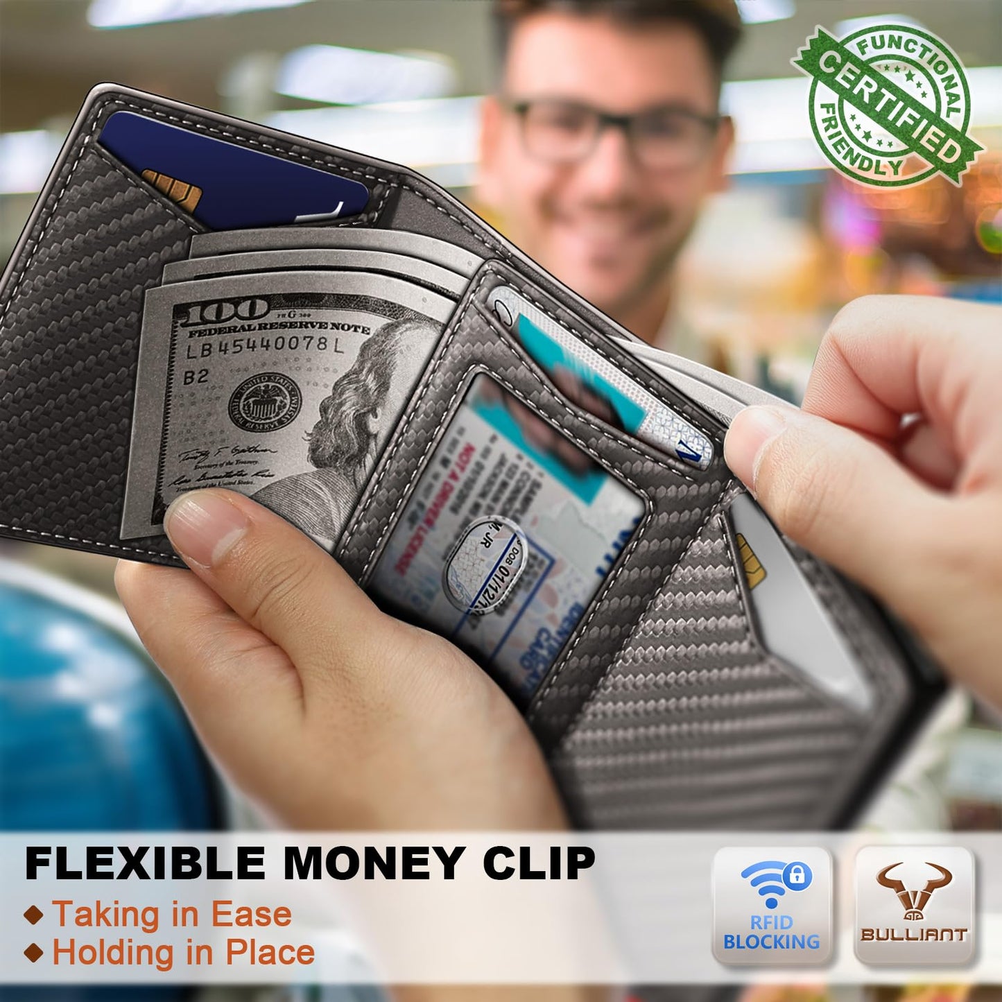 BULLIANT Men Wallet Leather Wallet Card Holders Money Clip for Men 10Cards-Magnetic Flip on Metal Case