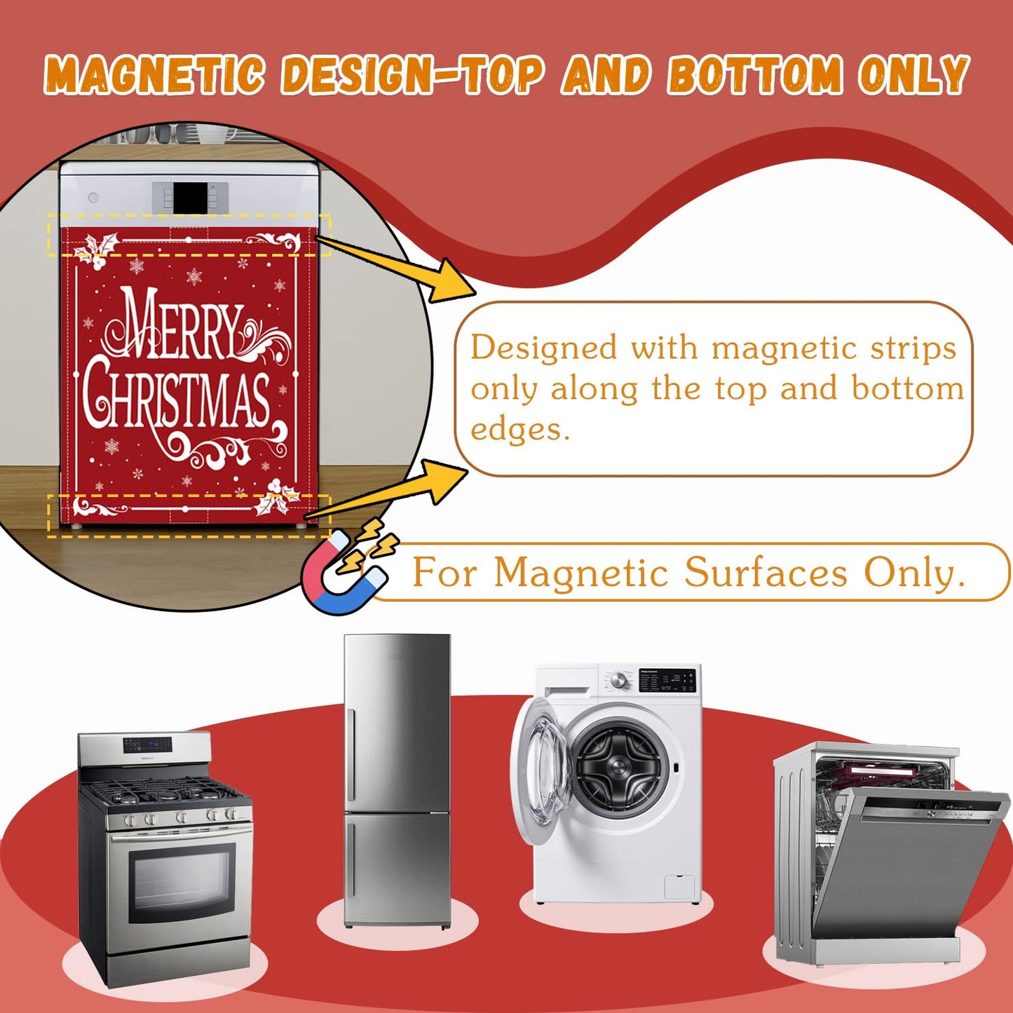 Christmas Dishwasher Magnet Cover 23x26in Merry Christmas Dishwasher Cover for Washers Fridge Panel, Snowflake Magnetic Covers for Kitchen, Machine Door Covers Decor, Red Christmas Kitchen Decor