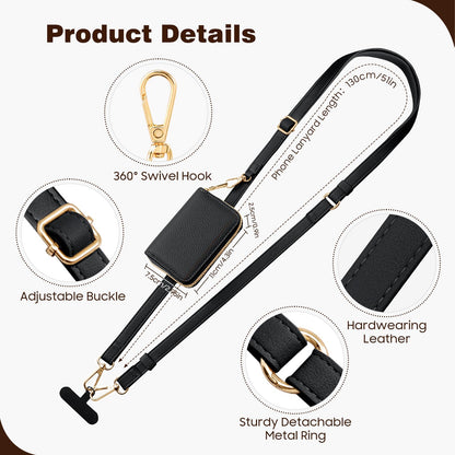 TiMOVO Phone Lanyard, Strap with Leather Wallet Pouch, Universal Crossbody Phone Lanyard Adjustable Neck Strap, Compatible with Most Smartphones, Black