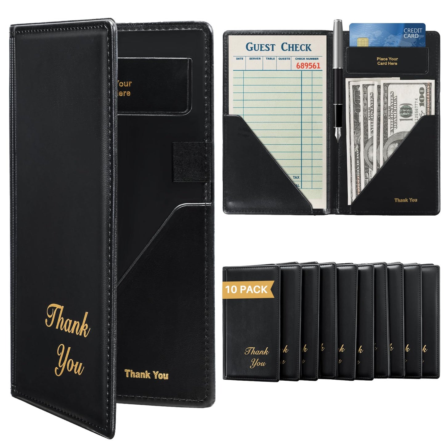 FLKQC Leather Restaurant Check Presenters, 10 Pack 9" x 5" Guest Check Card Holder with Gold Thank You Imprint for Severs, Bill Book Restaurant Supplies for Restaurants, Bar and Cafe (10, Black)