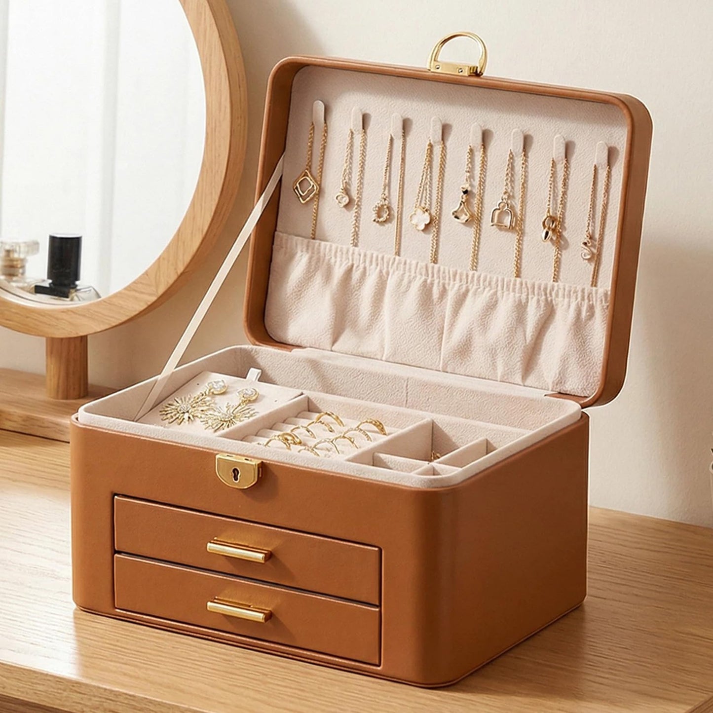 Vandozis Jewelry Box for Women, Large Dresser Top Organizer with 3 Layers & 2 Drawers, PU Leather Storage Case for Earrings, Necklaces, Rings, Giftable Vanity Box (brown)