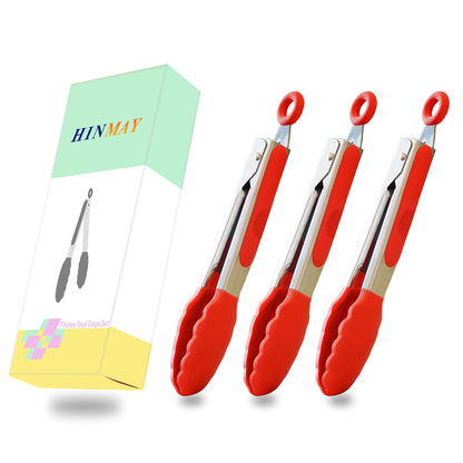 Small Silicone Tongs 7-Inch Mini Serving Tongs, Set of 3 (Black Gray White)