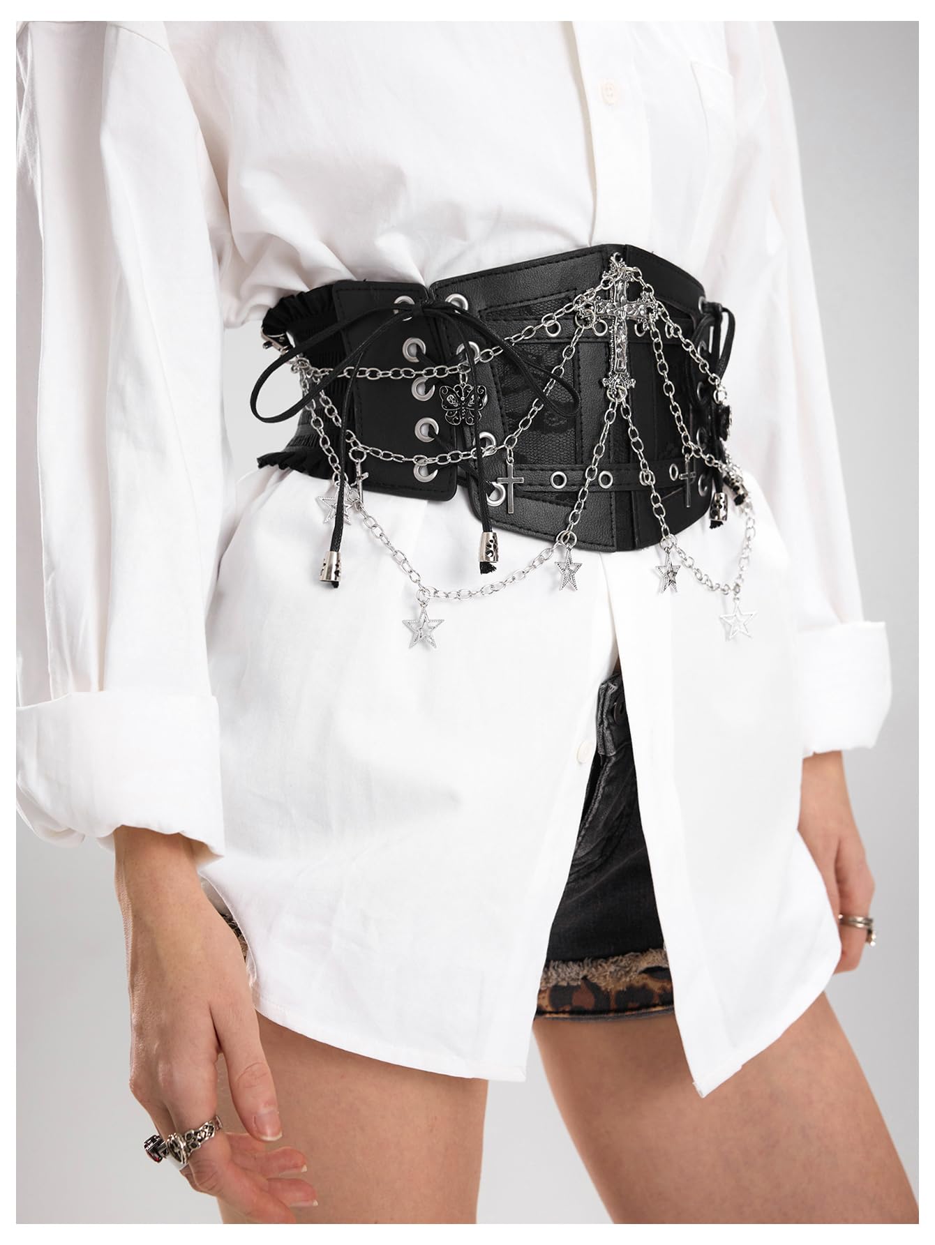 WDIRARA Women's Faux Leather Corset Belt Chain Goth Punk Cross Lace Up Side Elastic Waist Corset Black Medium