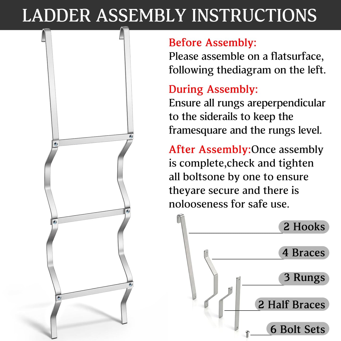 Shimeyao Egress Window Well Ladder 3 Step, Aluminum Basement Escape Ladder 14" W x 50" H with Hook, 300lbs Capacity for Emergency Home Safety