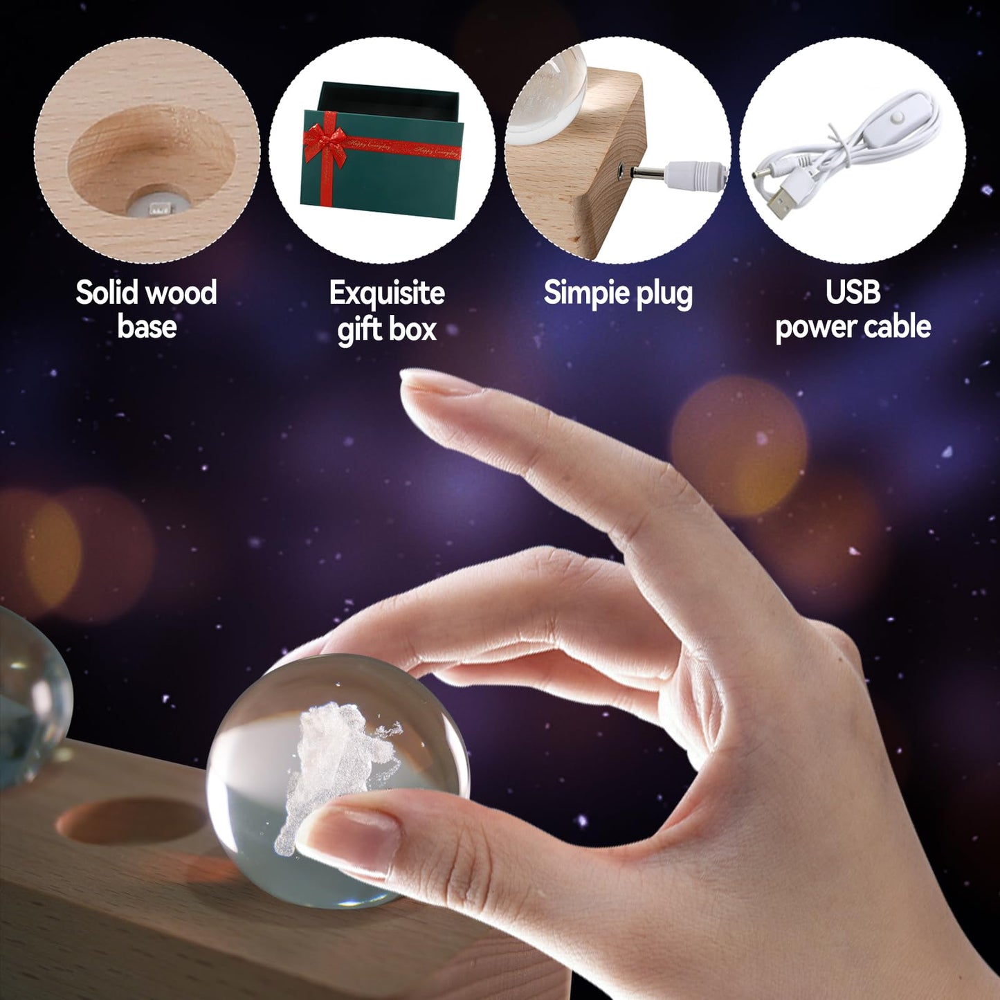 JOJOCY Christmas Glass Crystal Ball Light with Wooden Base, USB-Powered Colorful LED Night Lamp with 7 Christmas Tree Santa Claus and Elk Patterns for New Year's Gift
