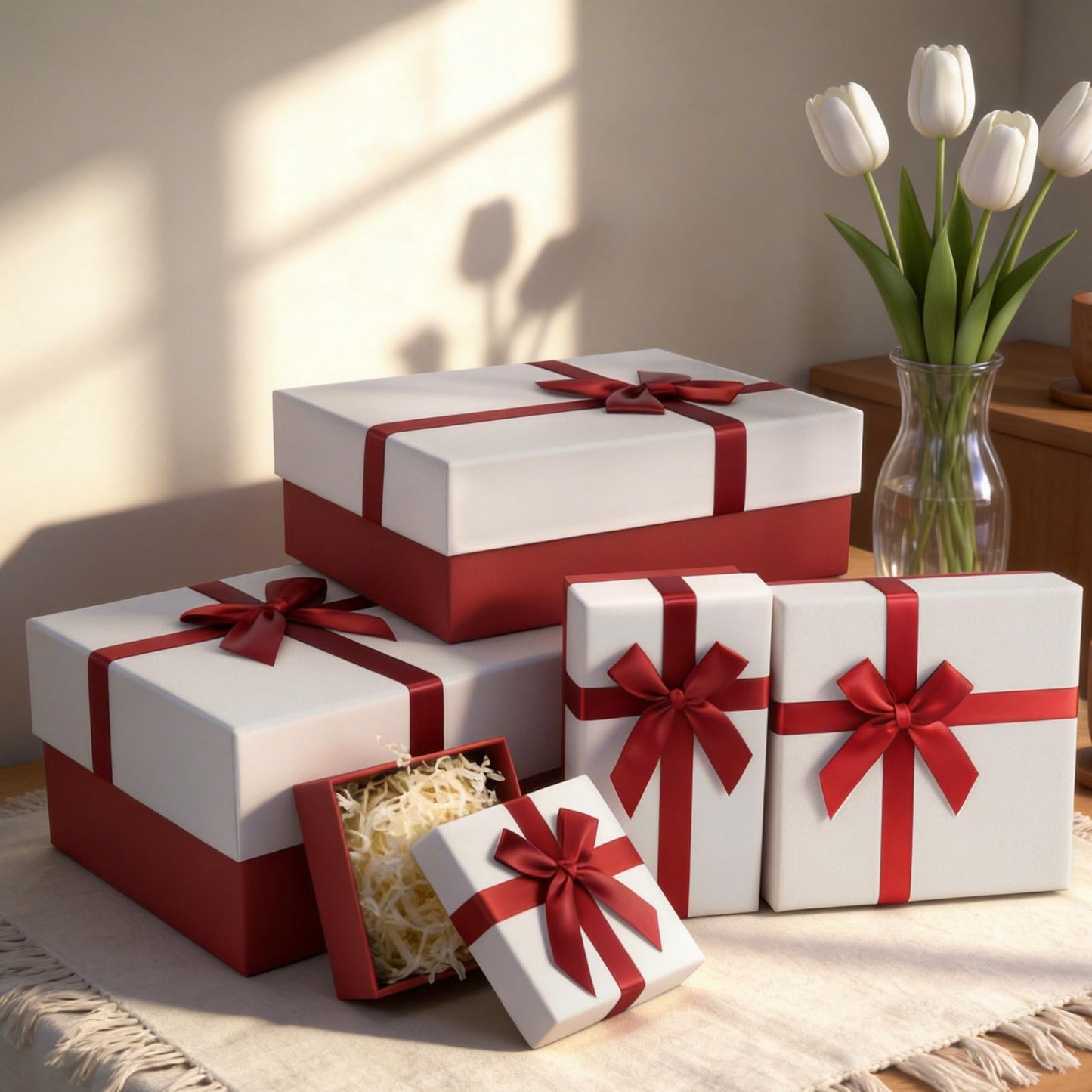 Eerbaier Gift Box for Present, Set of 5 Gift Boxes with Lids, Sturdy and Elegant Boxes for Gifts, Red Gift Boxes with Ribbon for Birthday, Anniversaries, Weddings, etc.(Red/White)