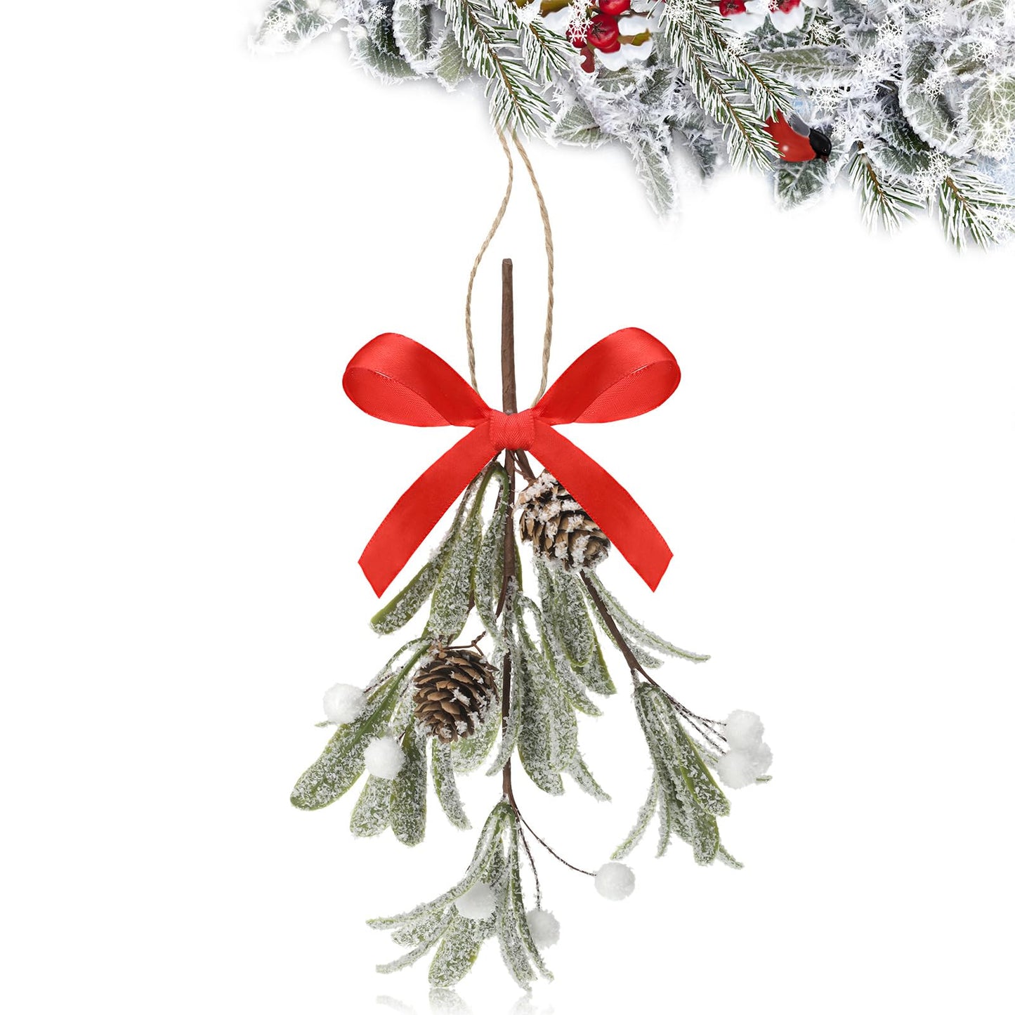 Giegxin 1 Piece Christmas Artificial Mistletoe Ornament with Bow Christmas Hanging Mistletoe Decoration Bouquet Floral Natural Pine Cones Holiday Decor Ornament Bouquet (Classic Style,Red)