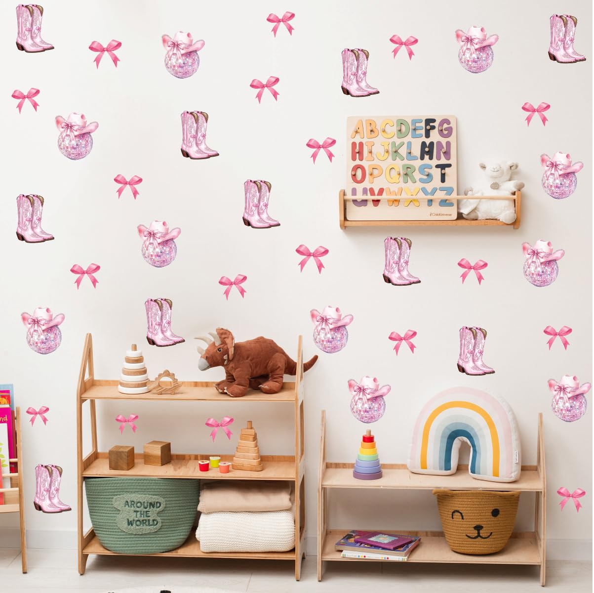 YIMEHDAN Pink Disco Ball and Boot Wall Decal, Westren Pink Cowgirl Vinyl Wall Stickers, Removable Wild West Girls Howdy Artwork for Teen Bedroom Dormitory Decor