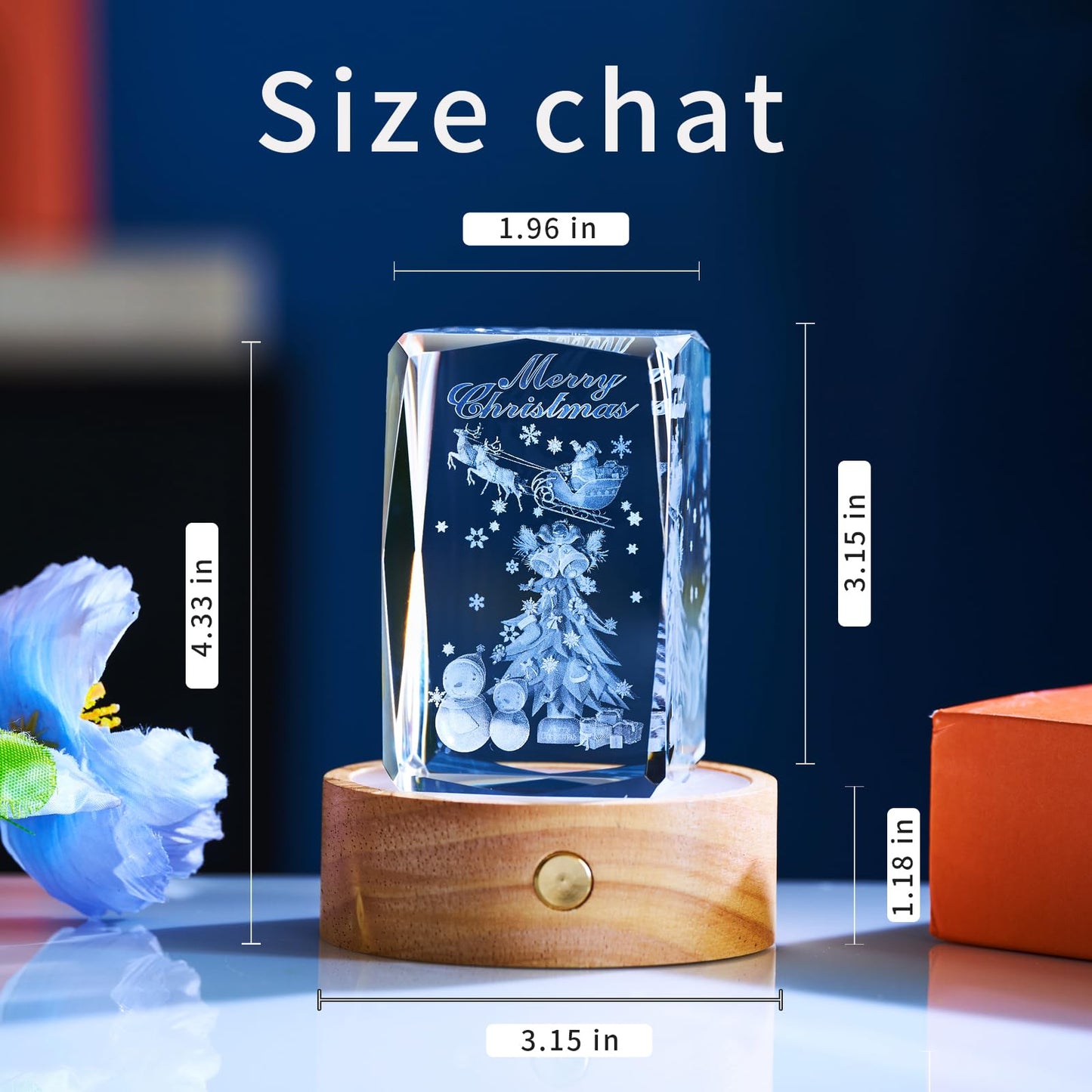 3D Christmas Tree Crystal Night Light with Wooden LED Base – Holiday Crystal Lamp Gift for Family Friends Kids Couples Parents Women & Men – Christmas Home Decor, Anniversary, Birthday Presents