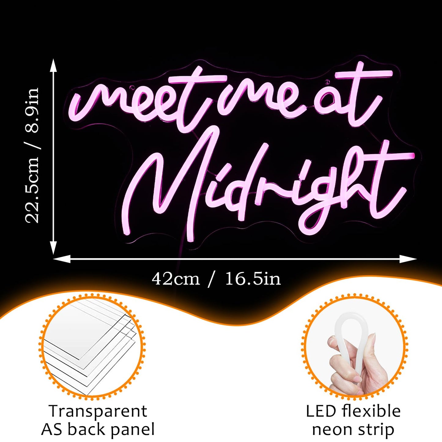 Dimmable Meet Me At Midnight Neon Sign LED Pink Words Neon Light For Wall Decor USB Powered Letters Light Up Sign for Bedroom Party Bar man cave (16.5“*8.7”）